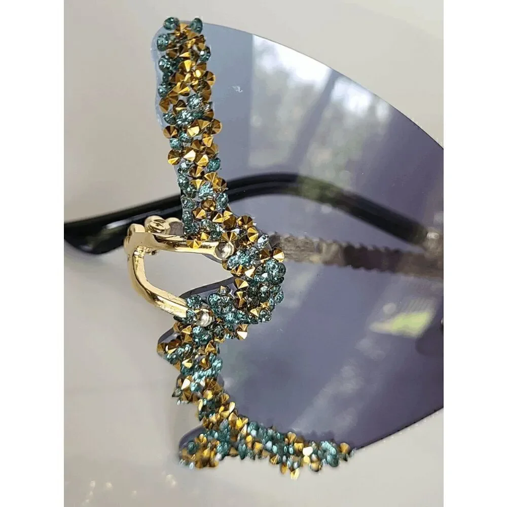 🦋✨ Rhinestone Diamond Butterfly Rimless Y2K Shades Sunglasses NEW